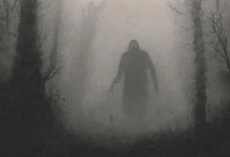 dark, horror, deep in the forest, giant monster, in the mist, fog, more mist