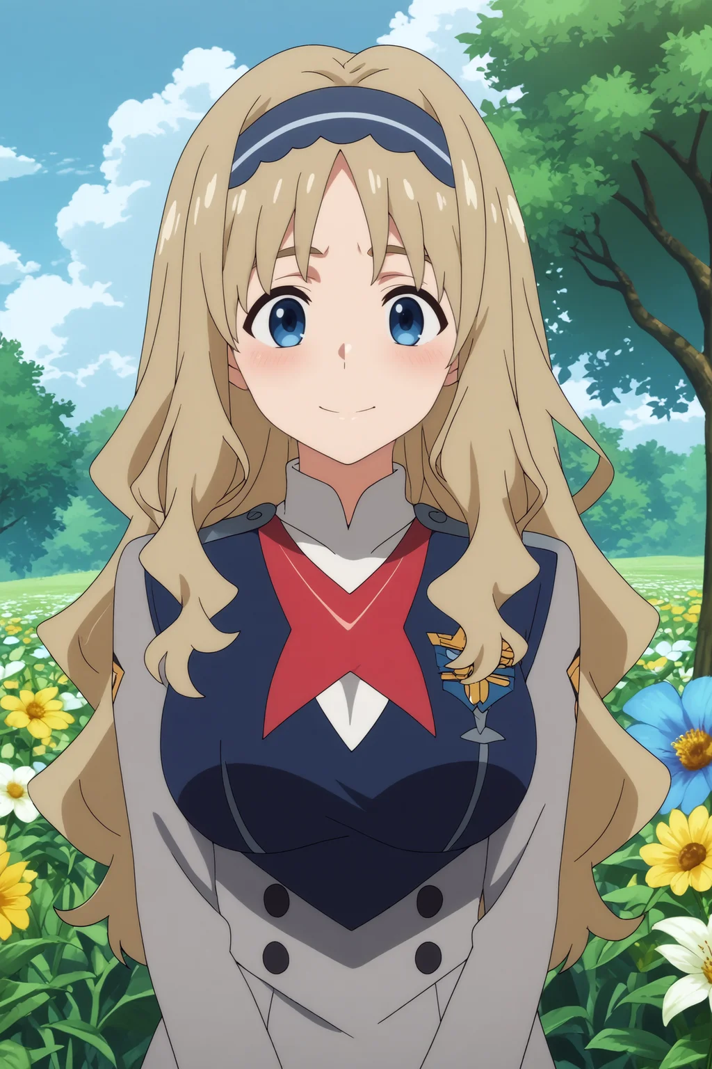  kokoro,1girl,solo,long hair,hairband,blonde_hair,uniform,military_uniform,military,breasts,large breasts,arms_under_breasts,smile,upper body,standing BREAK outdoors,blue sky,cloudy_sky,yellow flower,flower field,tree  <lora:Kokoro_-_Darling_in_the_franxx.safetensors:0.8> <lora:detailed_backgrounds_v2.safetensors:0.5>