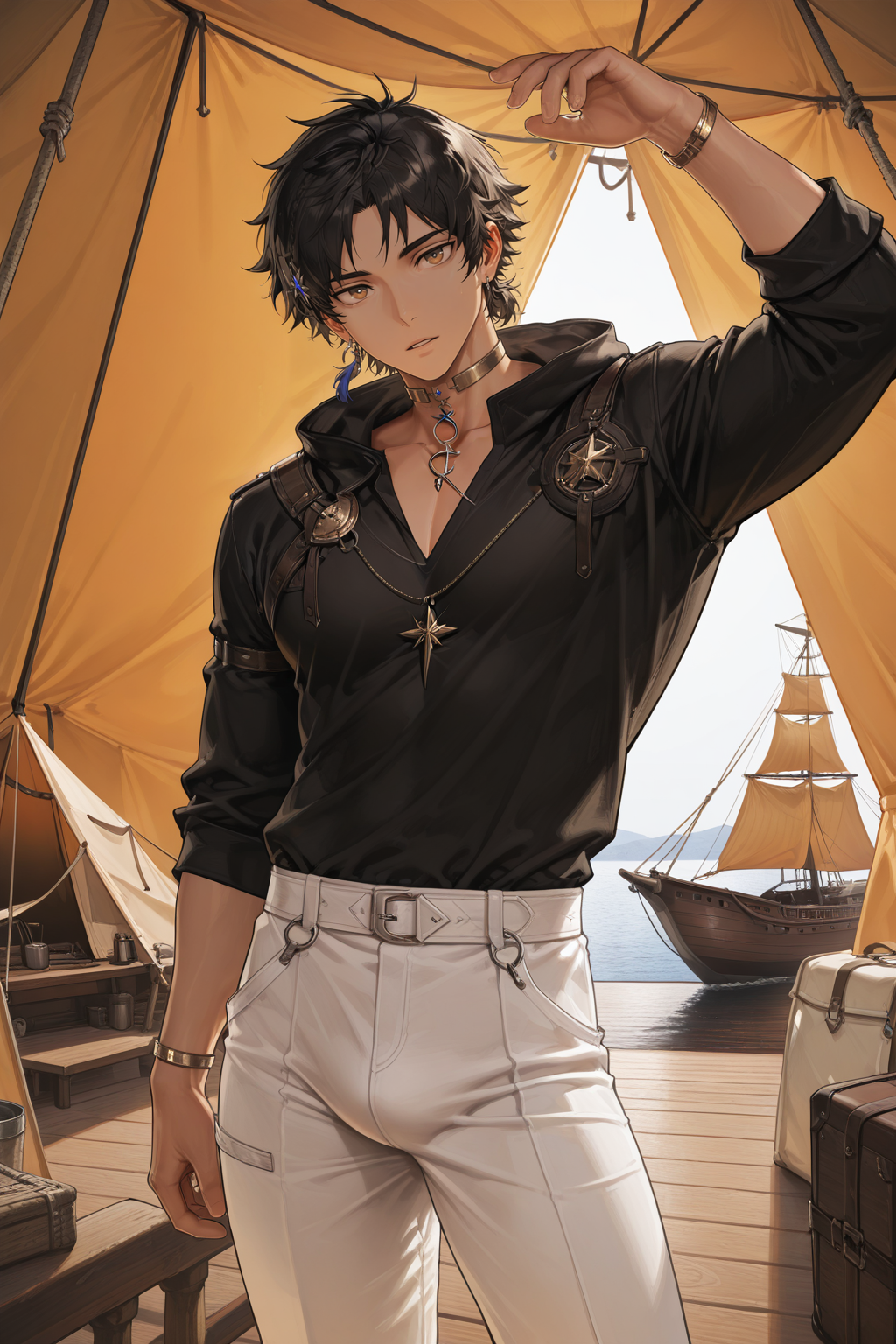 <lora:thorns_the_lodestar-000007:0.6>,thorns the lodestar,black hair,brown eyes,slim,ship,black shirt,white pants,jewelry,looking at viewer,parted lips,tent,1boy,solo,yaoi,bara,male focus,masterpiece,best quality,amazing quality,nsfw,uncersored,highres,best quality,amazing quality,best aesthetic,absurdres,