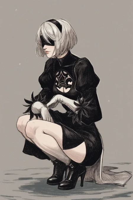 score_9, score_8_up, score_7_up, 2b \(nier:automata\), blindfold, black dress, solo, solo focus, cowboy shot, simple background, , Crouching on the ground, looking up. BREAK p65fn <lora:ruffct:0.8>