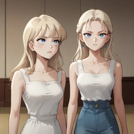(score_9_up, score_9, score_8_up, score_7_up), ((masterpiece)), ((best quality)), 2girls, young girl and mother, young girl looking up while walking with her mom, delicate affection, cozy presence, visible care, cozy living room with warm light, bright soft light with faded edges, cinematic anime style, Yamada Anna, Long, flowing blonde hair, Large, bright blue eyes, Fair skin, Slender build, Stylish, fashionable clothes, Often wears subtle makeup, Long eyelashes, Well-defined eyebrows, Small, delicate features, Yamada_Anna, Anime_Screencap