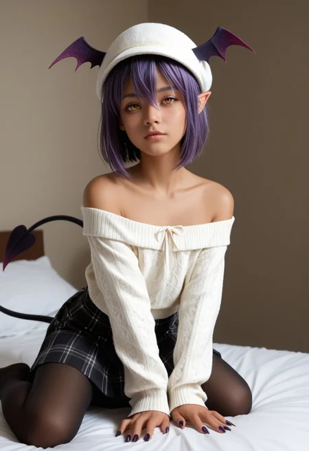photorealistic, realistic face, realistic eyes, score_9, score_8_up, score_7_up, bedroom background,
1boy, succubus-san, demon boy, short hair, hair between eyes, bangs, hair intakes, pointy ears, head wings, dark skin, dark-skinned male, demon tail, fingernails, purple hair, yellow eyes, pantyhose, white sweater, off-shoulder sweater, sleeves past wrists, bare shoulders, long sleeves, ribbon, hat, black skirt, plaid skirt, kneeling,