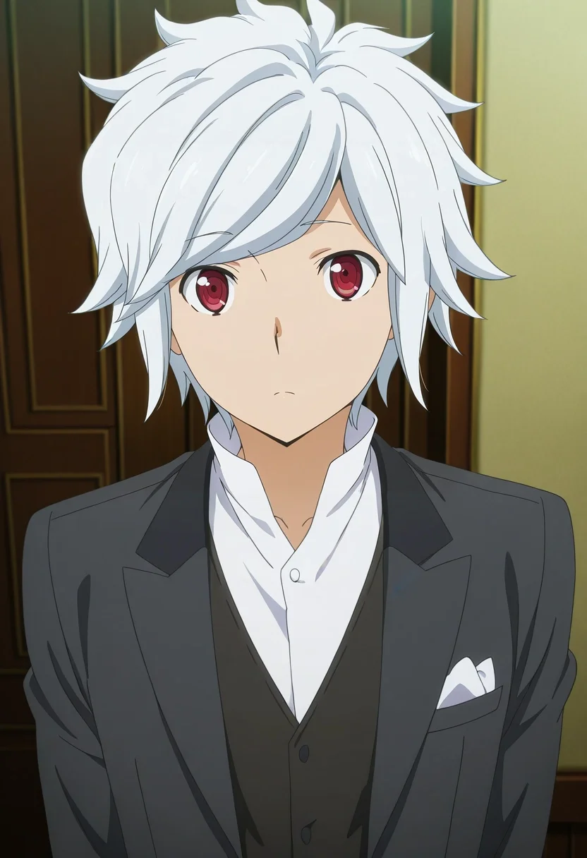 masterpiece, best quality, , anime screencap, anime coloring, official style, , 1boy, solo, male focus, <lora:bell_cranel_ilxl:1>, bell_cranel, white hair, red eyes, short hair, , suit vest,