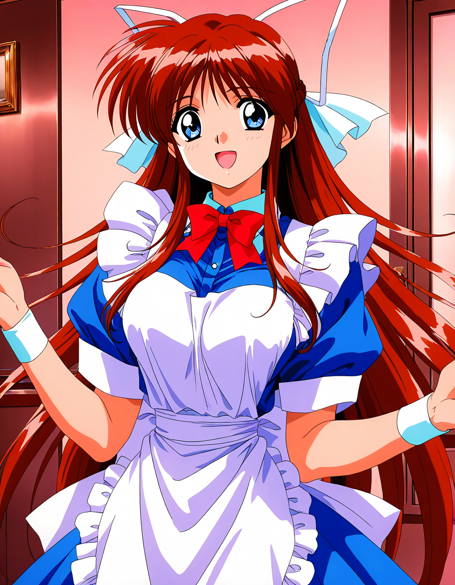 general,highres, game cg, ultra-detailed,very aesthetic,best quality ,best hands,  BREAK <lora:Hinomori_Azusa_OVA_IS:1> 1990s \(style\),anime coloring, open mouth,
Hinomori_Azusa_OVA, 1girl, very long hair, brown hair, white ribbon, blue eyes, hair ribbon, breasts, bangs, 1990s \(style\),anime coloring, 
solo, wristband, apron,  bow, short sleeves,  blue maid, frills,  smile, blue dress, looking at viewer, red ribbon, pink frill,