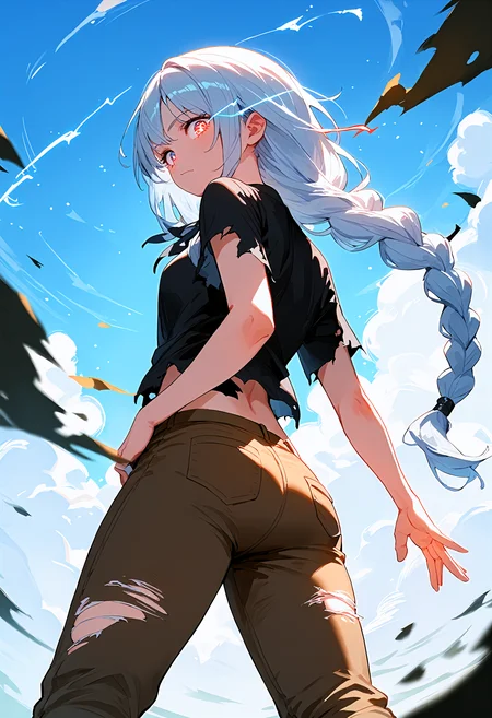 score_9,score_8_up,score_7_up,source_anime,1girl,solo,looking_back,low-braided long hair,torn_pants,dynamic_angle,looking at viewer,
<lora:glowing eye trail_pony_bx-v1.10:1>,glowing eye trail,