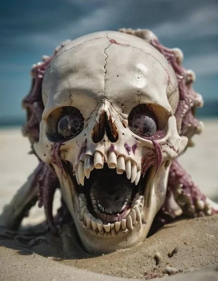 a skull, in the deep of sea, tentacles inside the skull, opened mouth, screaming, corrupted, cracks on skull, cinematic photography, standing on sand on deep of see, tentacles inside the eyes, depth of field,