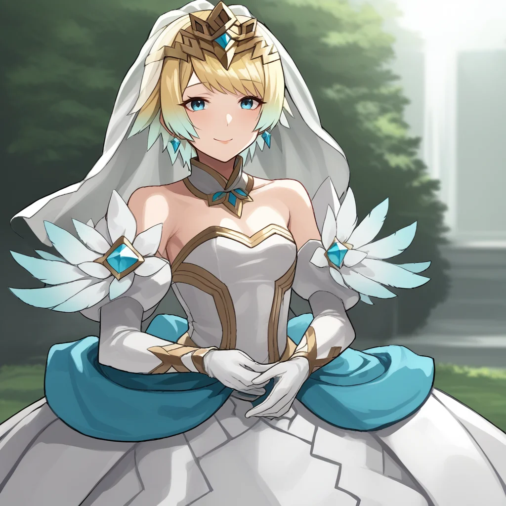 score_9, score_8_up, score_7_up, score_6_up, score_5_up, score_4_up, zPDXL2,source_anime,rating_questionable, 1girl, solo, smile, looking at viewer, outdoors, <lora:Fjorm_-_Fire_Emblem_Heroes:0.8>fjorm_FEH,gradient hair, multicolored hair, short hair, blonde hair, bangs, blue eyes, feather trim, wedding dress, strapless dress, jewlery