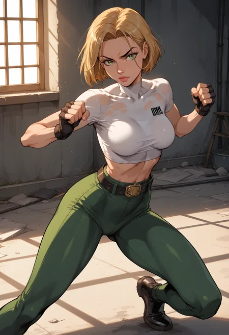 score_9, score_8_up, score_7_up, score_6_up, score_5_up, source_cartoon, uncensored, masterpiece, best quality,high detail, shadow, volumetric lighting,dappled sunlight,<lora:add-detail-xl:2> ,<lora:StS_PonyXL_Detail_Slider_v1.4_iteration_3:4>,<lora:PerfectEyesXL:1>,<lora:NM_abbey:1>, BREAK NM_abbey, 1girl, solo, blonde hair, short hair, medium breasts, green eyes, lips, BREAK white shirt, black gloves, crop top, green and black pants, belt, fingerless gloves, skin_tight, fighting stance, looking at viewer, black footwear,