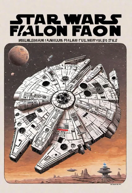 Manga book cover of star wars Millennium Falcon, side view , book cover with text "Star Wars", Akira toriyama style , blank background , full colour, hand drawing