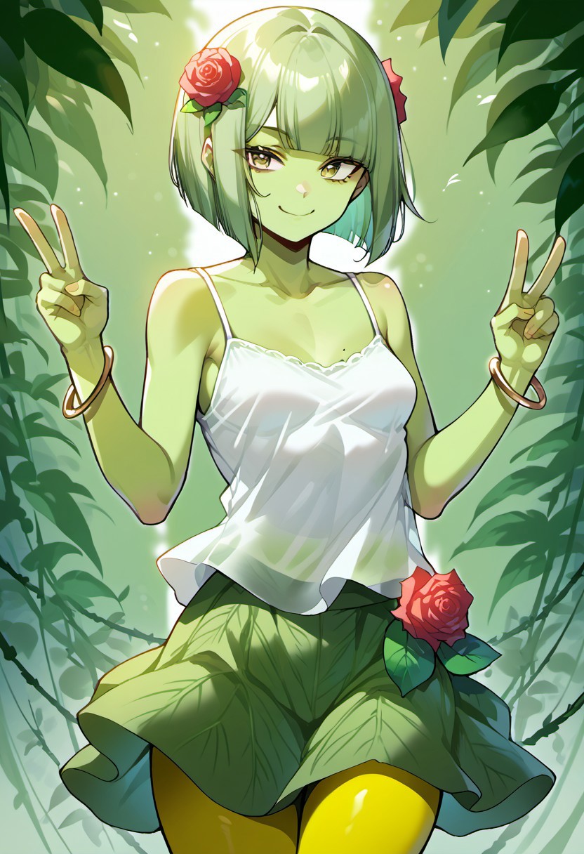 score_9, score_8_up, score_7_up, score_6_up, 1girl, solo, source_anime, small breasts, (green skin:1.2), (petite:1.1), thin_hips, mole, mole on breast, wavy_hair, light green hair, short hair, bob cut, blunt bangs, light green eyes, hair flower, hair_bow, bracelet, light green camisole, light yellow pantyhose, double_v, smirking, plant girl, alraune, vines, colored skin, flower body, leaf skirt, parted hair, rose, cowboy shot, leaf hair