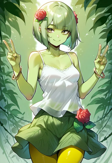 score_9, score_8_up, score_7_up, score_6_up, 1girl, solo, source_anime, small breasts, (green skin:1.2), (petite:1.1), thin_hips, mole, mole on breast, wavy_hair, light green hair, short hair, bob cut, blunt bangs, light green eyes, hair flower, hair_bow, bracelet, light green camisole, light yellow pantyhose, double_v, smirking, plant girl, alraune, vines, colored skin, flower body, leaf skirt, parted hair, rose, cowboy shot, leaf hair