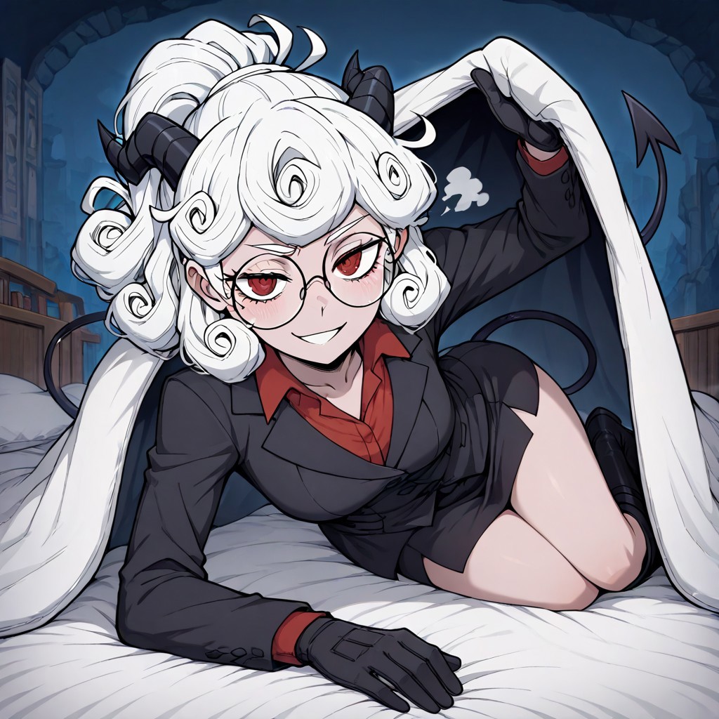 masterpiece, best quality, newest, absurdres, highres, anime, anime style, BINV-V1.0, bed invitation, cover, under covers, 
1girl, pandemonica \(helltaker\), demon girl, horns, black horns, white hair, knee boots, gloves, demon tail, demon horns, black jacket, curly hair, glasses, round glasses, round eyewaer,