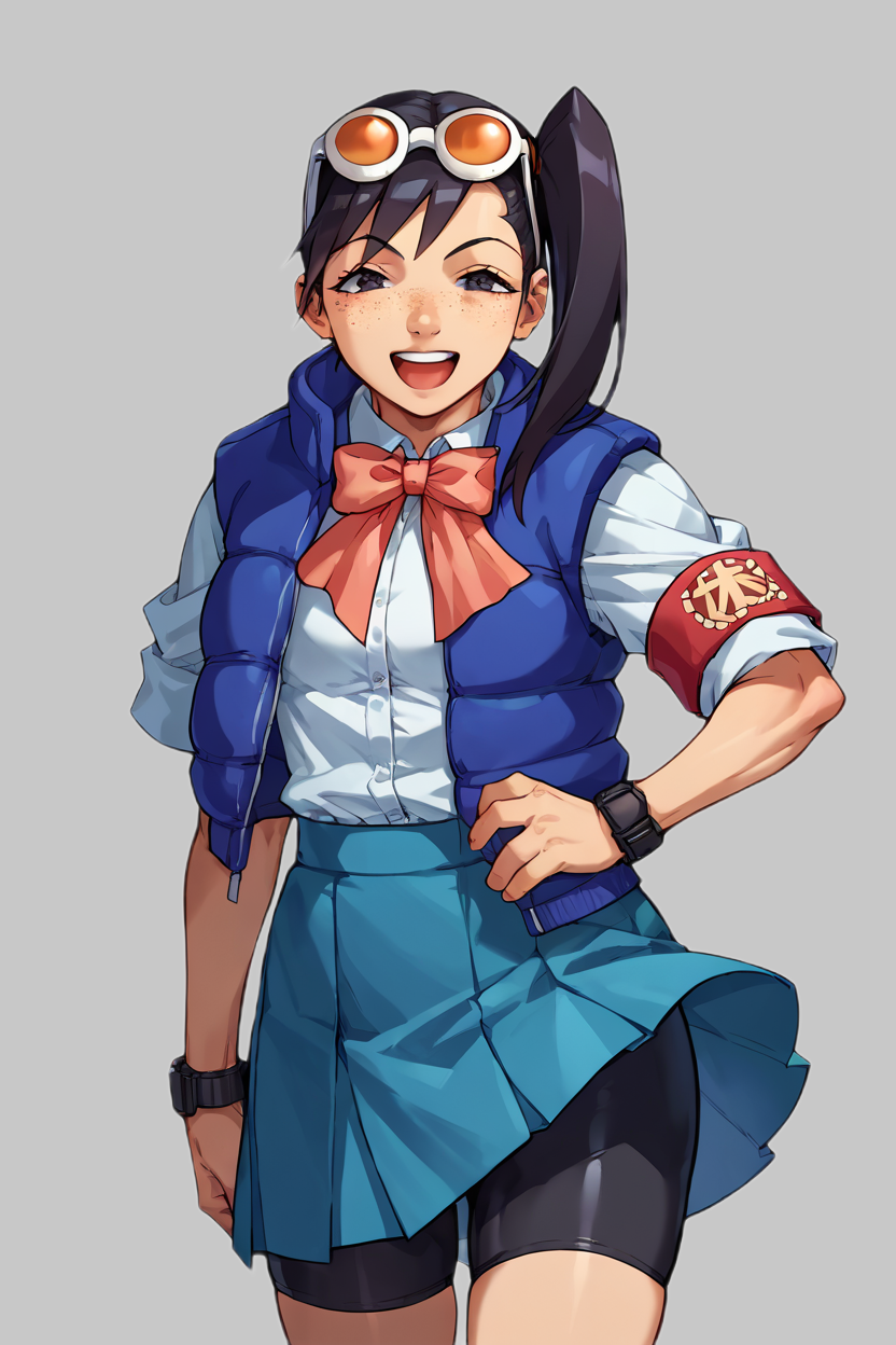score_9, score_8_up, score_7_up, source_anime BREAK 1girl, solo, justice_ran, blue jacket, school uniform, bowtie, blue skirt, bike shorts, armband, eyewear on head, black hair, side ponytail, freckles, looking at you, smile, open mouth, simple background <lora:justice_ran:1>