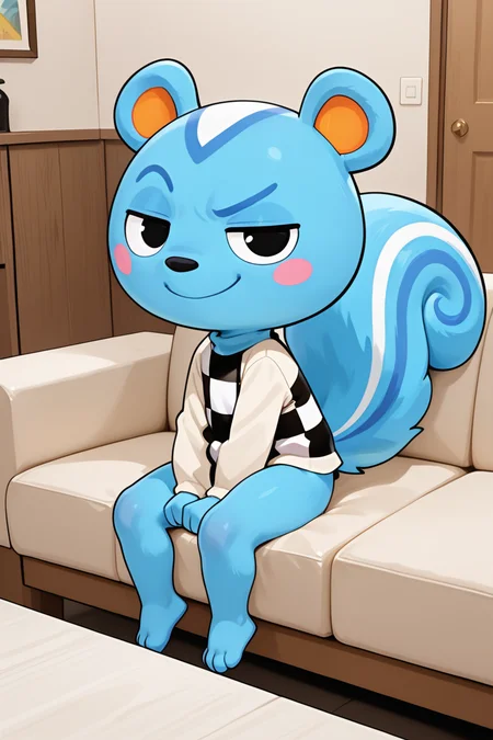masterpiece, best quality, amazing quality, very aesthetic, high resolution, ultra-detailed, absurdres, newest, full body BREAK 1boy, solo, anthro, furry male, filbert_ac, squirrel boy, squirrel ears, squirrel tail, checkered shirt, print shirt, bottomless, sitting, on couch, looking at viewer, smug, indoors, living room