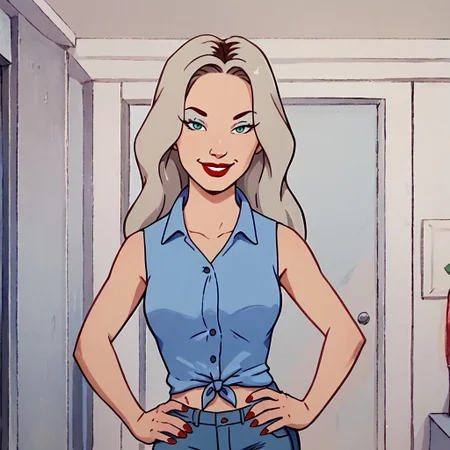 score_9, score_8_up, score_7_up BREAK DallasBB, 1girl, platinum blonde hair, green eyes, light blue eyeshadow, red lipstick, red nails, light blue sleeveless tied buttoned shirt, midriff, bellybutton, jeans, cowboy shot, hands on hips, smiling at viewer,