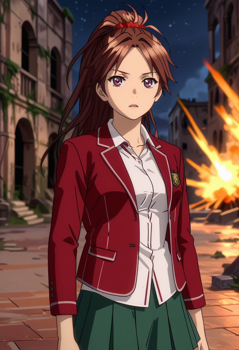 score_7_up, anime screencap,
<lora:GuiltyCrown_ShinomiyaAyaseXL:0.9>,
1girl, parted lips,
long hair, high ponytail, parted bangs, brown hair, purple eyes, hair scrunchie, red scrunchie,
AyaseSchool, blazer, red jacket, white shirt, red ribbon, pleated skirt, green skirt,
standing, looking at viewer, cowboy shot,
blurry background, outdoors, ruins, night, night sky, explosion