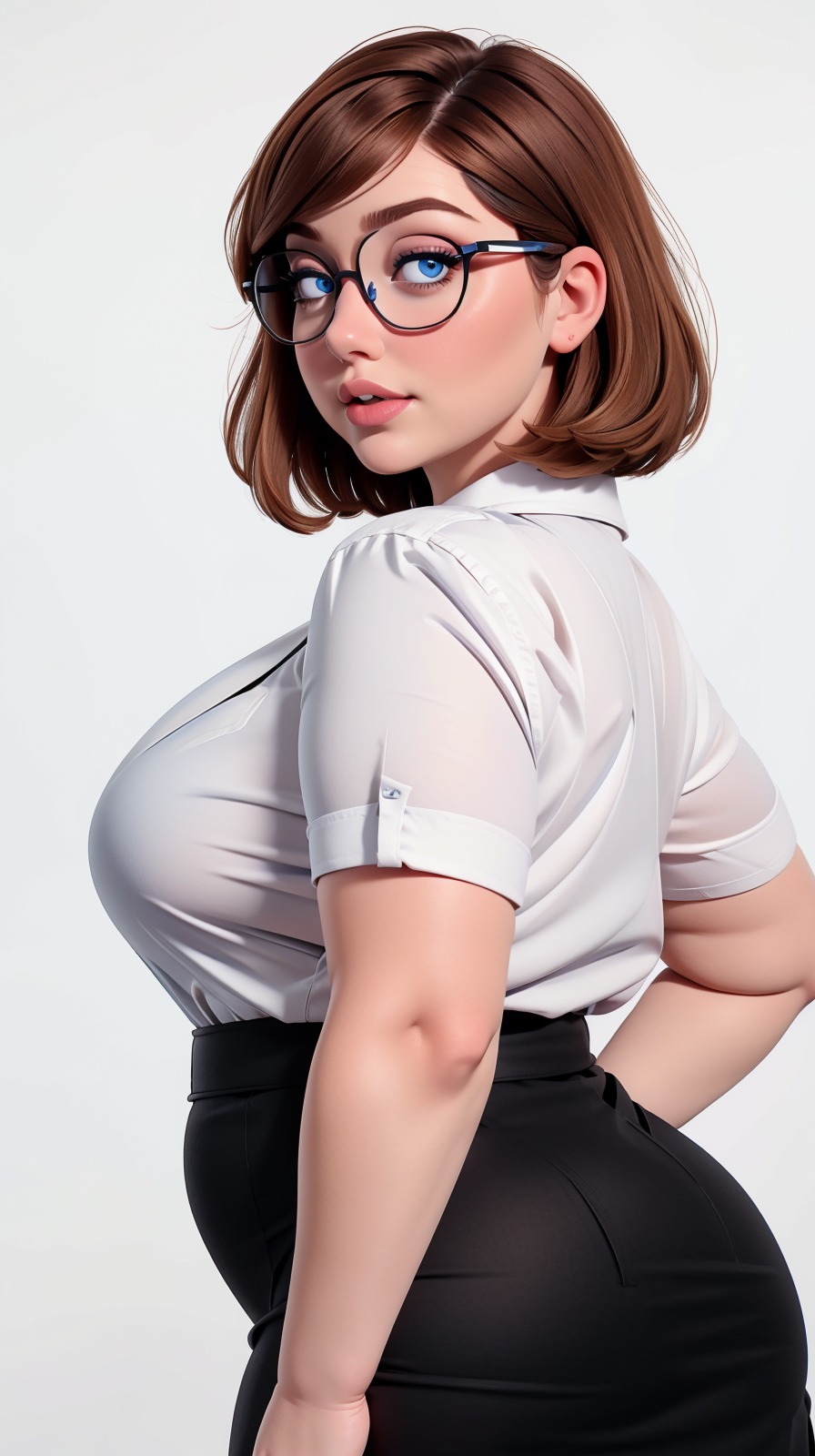 <lora:Vanessa_Harris:1> glasses, chubby, curvy, bbw, light hazelnut hair, bob haircut, blue eyes, full lips, solo, upper body, FROM BEHIND, looking at viewer, office clothing, white shirt, black skirt, dressed, blue background, simple background, sfw, <lora:MS_Real_WideHips_Lite:0.6> <lora:zhifu:0.6>