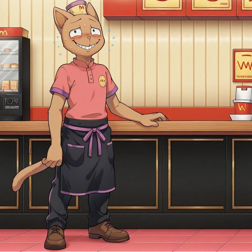 masterpiece, best quality, amazing quality, official style, burg3rp4nts, male, furry male, solo, cat, brown fur, black eyes, pink nose, pointed ears, yellow hat, pink shirt, black apron, purple trim, black pants, brown shoes, standing, nervous smile, behind counter, indoors, fast food restaurant