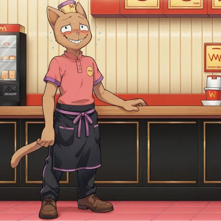 masterpiece, best quality, amazing quality, official style, burg3rp4nts, male, furry male, solo, cat, brown fur, black eyes, pink nose, pointed ears, yellow hat, pink shirt, black apron, purple trim, black pants, brown shoes, standing, nervous smile, behind counter, indoors, fast food restaurant