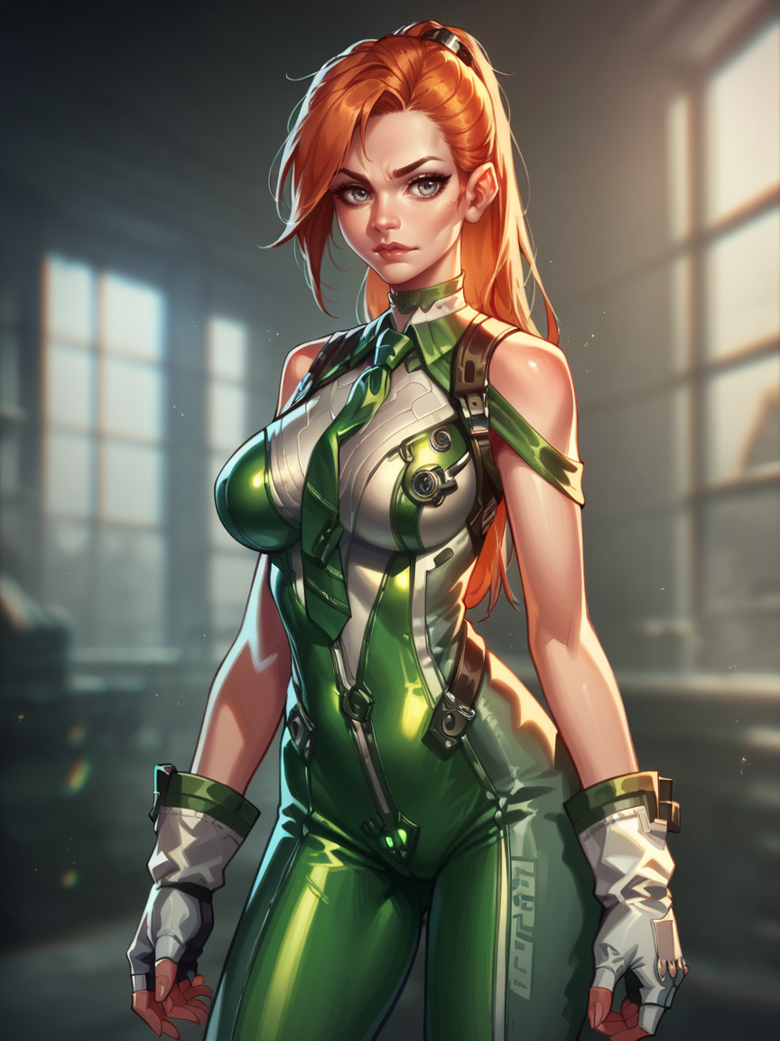 score_9, score_8_up, score_7_up, score_6_up, detailed, 1girl,  <lora:st3ll4rb1XLP:0.9> bodysuit, st3ll4rb1, fingerless gloves, ginger, grey eyes, large breasts, gloves