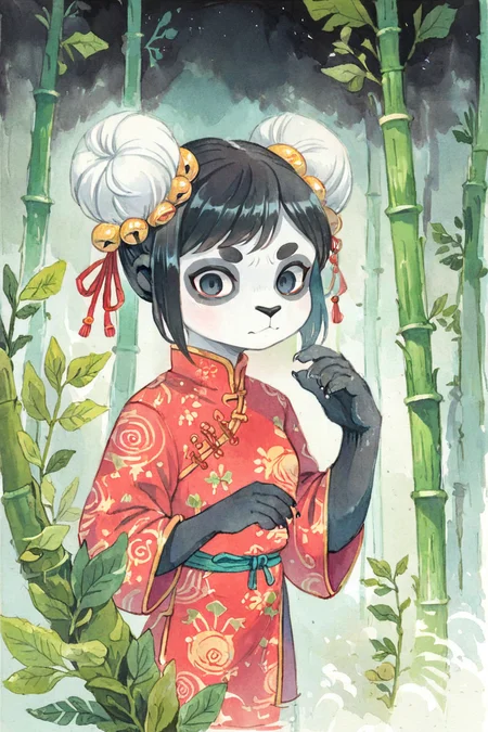 (anthro panda girl:1.4),(solo:1.5),double bun,black hair,ameli,looking at viewer,bamboo forest,
deep dark night,chinese clothes,chinese commentary, portrait, watercolor \(medium\), fur paws,black eyes
<lora:Perfect Hands:1> <lora:age_slider_v4:-2> <lora:Ameli:0.9>, score_9, score_8_up, score_7_up, score_6_up, score_5_up, score_4_up,zPDXL