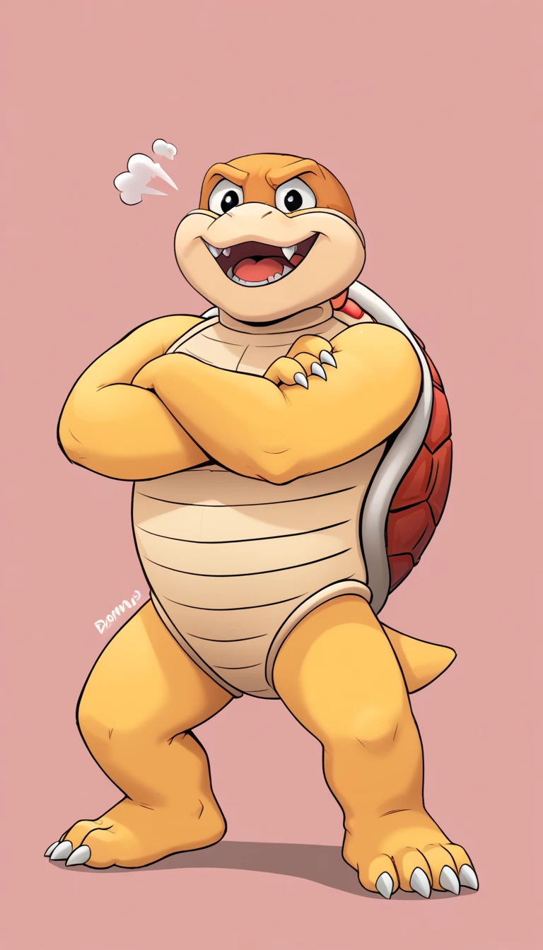  detailed fur:1, detailed face:1, detailed eyes:1, highres, incredible quality, good anatomy, score_9, score_8, incredible quality, high quality, highres, masterpiece, flat color, thick outlines,boom boom, red shell, furry male, furry, solo, open mouth, fangs, full body, standing, black eyes, simple background, claws, smile, dynamic angle, dynamic pose, crossed arms