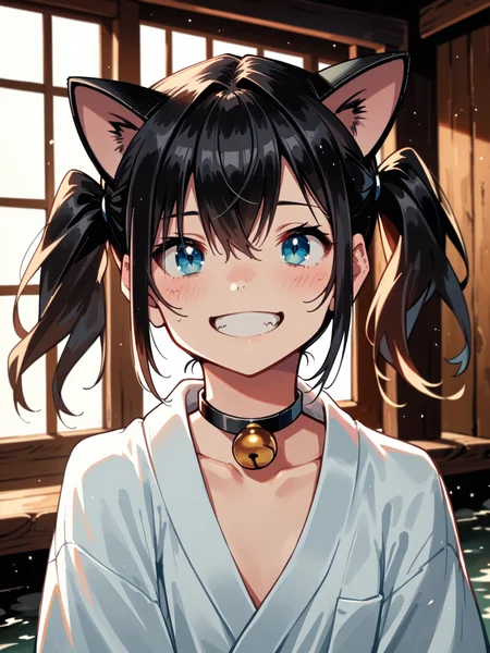 (upper body, solo focus:1.1) <lora:happy_tentacle-halloweengirl-v0.1-000045:1>, ht_halloweengirl, (flat chest:0.8), black hair, blue eyes, choker, neck bell, jingle bell, twintails, cat ears, cat tail (petite:1.2), ( :1.1) ( , , ( :1.2) , grin , looking up :1.2) , indoors, ((night, night sky :0.6), (blue sky:0.6) :0.8), (open window :0.9), (furniture:0.9), abandoned , , , , ( :0.9) , onsen, bathrobe ( :0.8) score_9, score_8_up, score_7_up, score_6_up, score_5_up, score_4_up, ( [(realistic, photorealistic:1.3):(realistic:1.2):16] [(3d:1.2)::14] :1) <lora:LUUNA's Lunas-NijiJourney-SDXL-B2:0.35>, nijijourney <lora:prgfrg23's Counterfeit-V3.0 Style SDXL_LoRA_Pony Diffusion V6 XL:0.5> <lora:mfcg's mfcgXL:0.12> <lora:reweik's gyokai(himehajime)_PonyXL_style_v01:0.14>