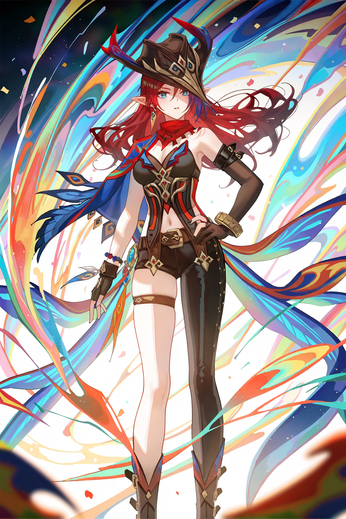 8k, best quality, masterpiece, (ultra-detailed), (high detailed skin), 
((artist:reoen),(artist:fuzichoco),(artist:atdan),(artist:torino_aqua),year 2024:0.8)1girl, [artist:wlop], [artist:ningen_mame], artist:ciloranko, [[artist:rhasta]], artist:tidsean, colorful, detailed light, light leaks, sunlight, bokeh, blurry foreground, ray tracing, lens flare, cinematic lighting, 
full body, full shot, standing, looking at viewer, (solo:1.2), simple background, (white background:1.2), hand on own hip, (white background:1.1), 
<lora:Chasca-noob-Tanger-000014:0.8>, Chasca, Chasca-def clothes, capelet, single pantsleg, blakc corset, 1girl, pointy ears, blue eyes, breasts, hat, jewelry, red long hair, black boots, navel, earrings, bracelet, black asymmetrical fingerless gloves, asymmetrical clothes, 
A full-body portrait of a young girl, standing gracefully, pastel art style, high-key lighting, shoujo manga influence, hd quality, delicate details,