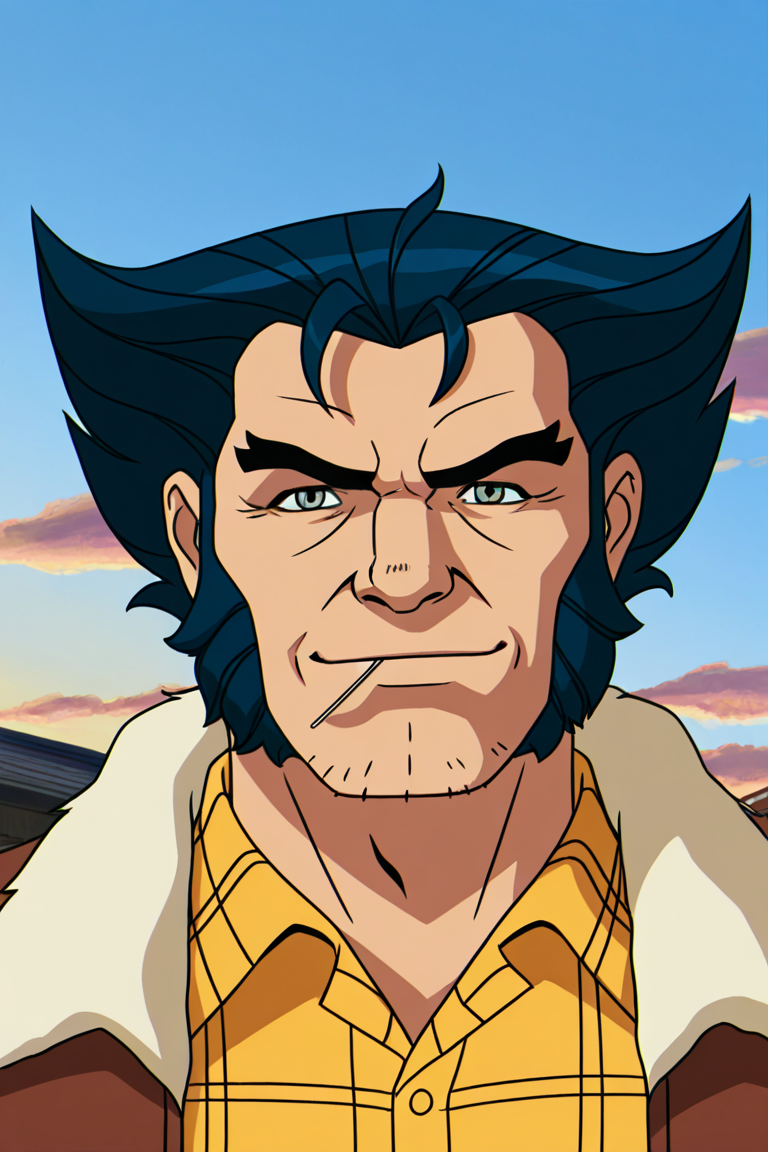 masterpiece, best quality, highres, newest, anime coloring, logan, 1boy, solo, male focus, mature male, short hair, dark blue hair, grey eyes, thick eyebrows, facial hair, stubble, cleft chin, long sideburns, mutton chops, wrinkled skin, manly, yellow shirt, plaid shirt, collared shirt, fur-trimmed jacket, brown jacket, smile, toothpick, looking at viewer, facing viewer, portrait, upper body, outdoors, blue sky, cloud, sunset <lora:Logan - X-Men 97 - v1.0 [LoRA] - Illustrious-XL v0.1:0.8>