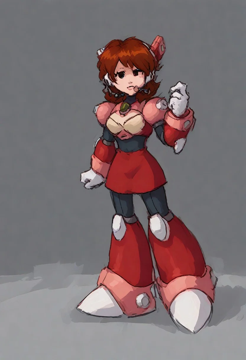 megamanreploid, android, gloves, armor, bodysuit, robot ears, headset, white gloves, Alia's bodysuit, red dress, mecha dress, armored dress, GF FNF