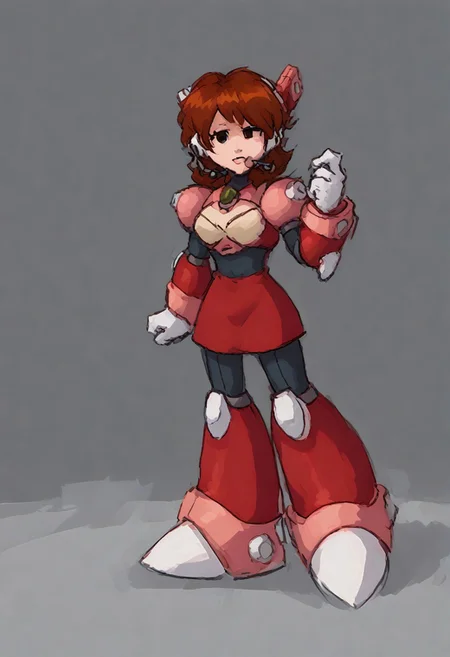 megamanreploid, android, gloves, armor, bodysuit, robot ears, headset, white gloves, Alia's bodysuit, red dress, mecha dress, armored dress, GF FNF