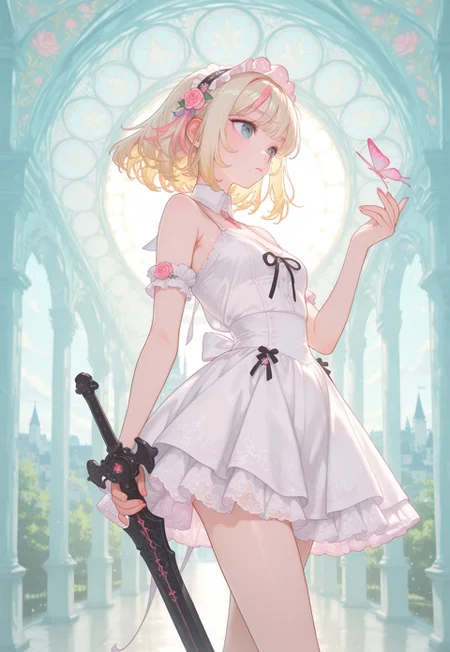 safe_pos, masterpiece, best quality, amazing quality, very aesthetic, absurdres, newest, dim light, dramatic lighting, highres, digital art, surreal, dynamic composition, 8K, depth of field, focused subject, best quality, (art nouveau illustration:0.9),
BREAK,
1girl, 25 years old, kawaii, cute, attractive, blonde hair, pink streaked hair, gothic make up, beautiful sundress \lace elements, gothic ornament\, gothic castle in pop art style in the background, vibrant, sensual, massive sword in hand, elegant, perfect, detailed,
BREAK,
artist_moriimee, Y0ney4m4_illu, artist_moriimee, monmon2133, fusion of the brightness of pop art style and the depressiveness of gothic style, final fantasy influence, an unexpected combination of melancholy and optimism, UFD-Illu