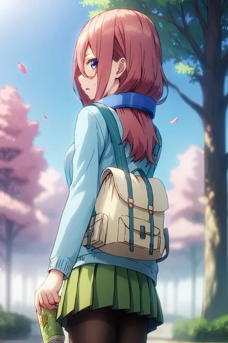 sharp focus, pixiv masterpiece, intricate details, expressionless, source_anime, score_8_up, score_7_up, score_9, <lora:Miku_Nakano_PonyXL_15:0.9>, 1girl, M1kuNakan0_PXL, cowboy shot, from side, from behind, school_bag, headphones, long-sleeve_shirt, mini-skirt, tights, (holding matcha-soda:1.1), arm up, sunny day, sweatdrop, dark-blue uniform, source_anime, looking at viewer, outside, sakura trees, slightly open mouth, (surprised:0.7), detailed eyes, sakura blossom, pink leaves