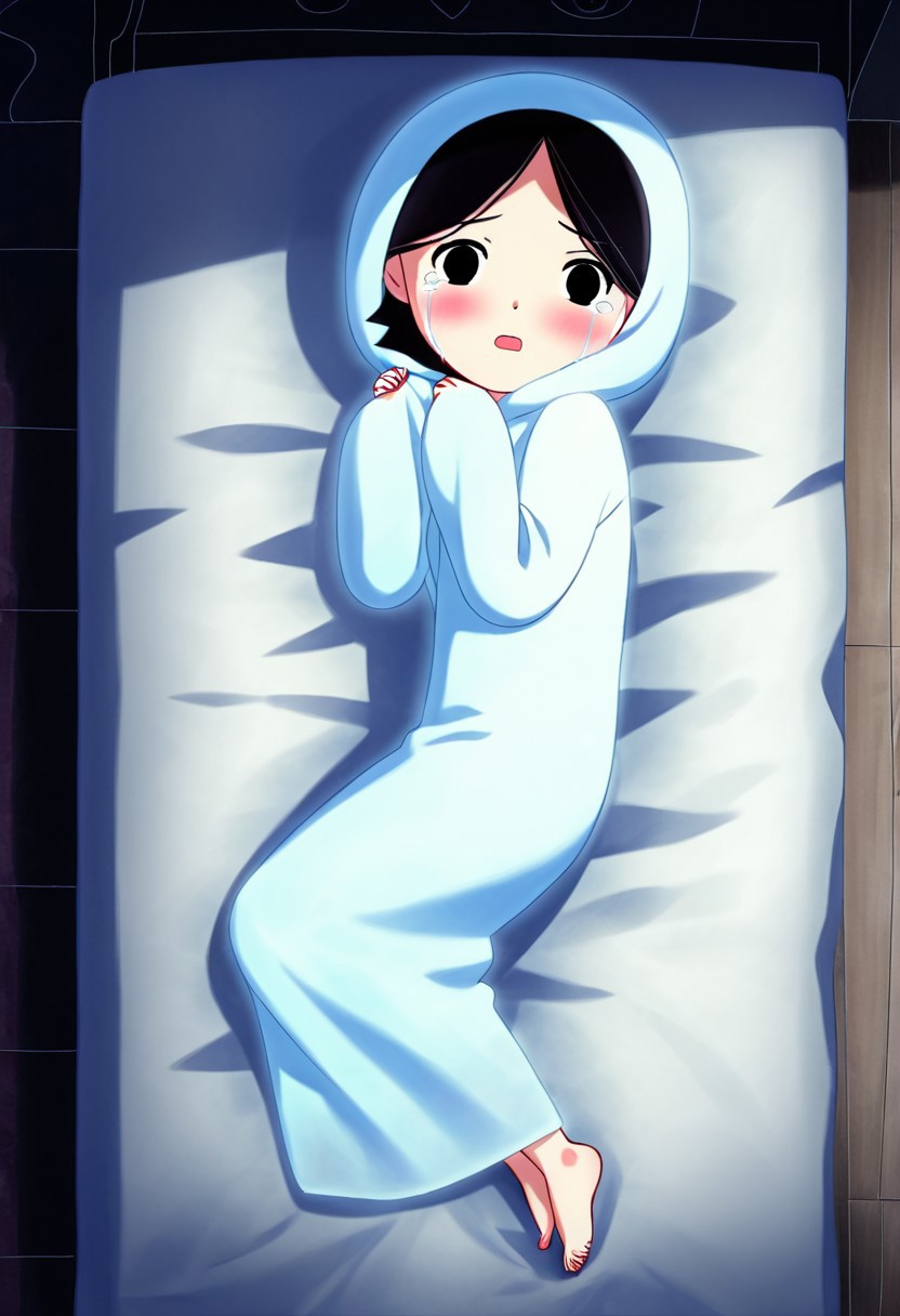 zPDXL3, source_cartoon, Perfect Hands, full body,
1girl, solo, bedroom, looking at viewer, saoirse, black hair, black eyes, blush, ghost, hood up, robe, barefoot, glowing, lying on bed, from above, lying on side, facing at viewer, feeling cold, eyes open, crying sadly, open mouth, sleeve past wrist, slim body, long body, highlight cloth wrinkle, anime style,
<lora:Perfect Hands:1>  <lora:Saoirse_-_The_Song_of_the_Sea-000009:1>