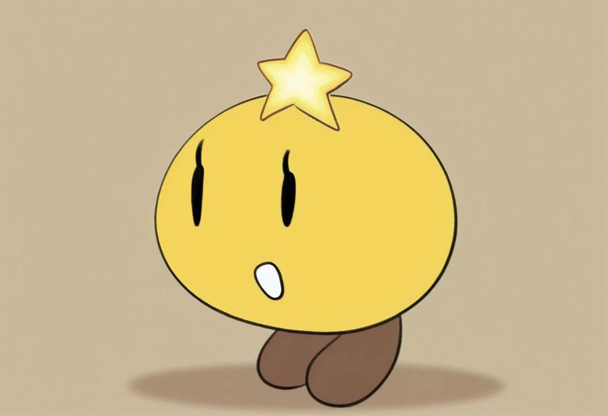 masterpiece, best quality, solo, full body, starlow, round body, yellow body, black eyes, solid oval eyes, eyelash, star above head, brown feet, star \(symbol\), white mouth, two feet, no hands, no arms,