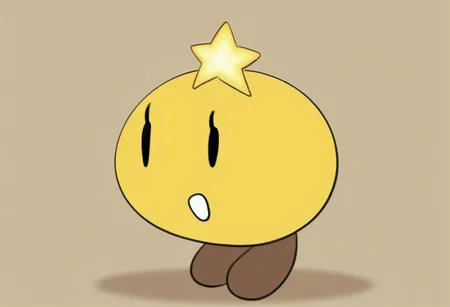 masterpiece, best quality, solo, full body, starlow, round body, yellow body, black eyes, solid oval eyes, eyelash, star above head, brown feet, star \(symbol\), white mouth, two feet, no hands, no arms,