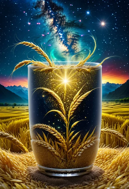 (((best quality))), (((ultra detailed))), (((masterpiece))), illustration, a cup, blue starry sky, golden rice fields, golden rice ears, many tiny and colorful luminous particles, illuminated by the Milky Way, dreamy atmosphere, high details, complex details, ultra wide viewing angle, panoramic photography, UHD, 8K