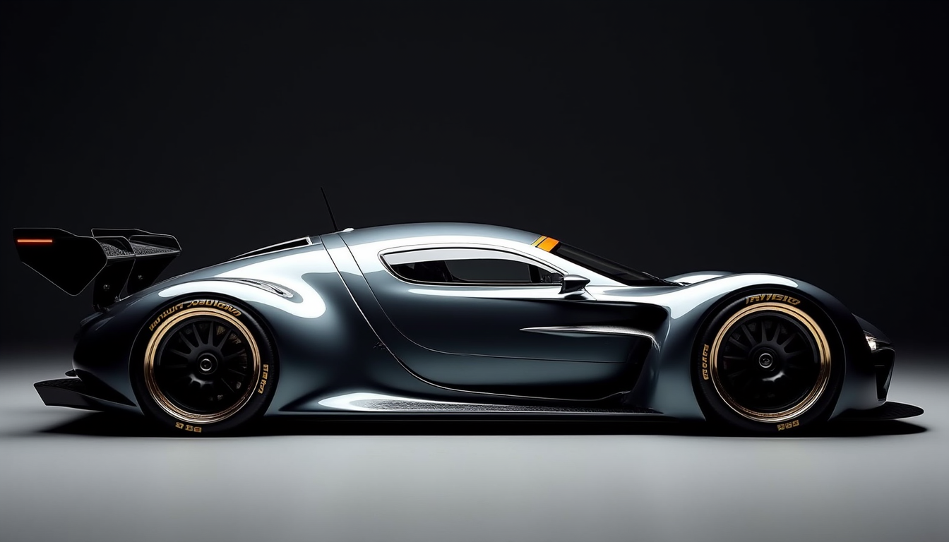 A picture of a futuristic race car prototype similar to a Auto Union Type C yfg-sde in a dark studio. Perpendicular shot from the side.