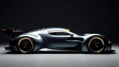 A picture of a futuristic race car prototype similar to a Auto Union Type C yfg-sde in a dark studio. Perpendicular shot from the side.