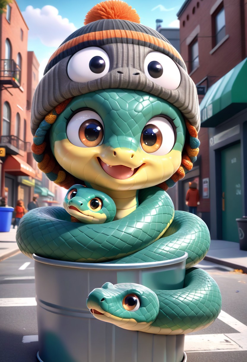 CuteCartoonStyle, adorable big shiny eyes, 3DSnakes, cool design, cool pattern, smiling happy expression, cute, wearing a beanie on his head, the snake is wrapped around a metal trash can in an urban city street, looking at viewer,