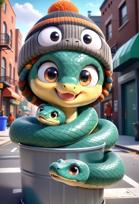 CuteCartoonStyle, adorable big shiny eyes, 3DSnakes, cool design, cool pattern, smiling happy expression, cute, wearing a beanie on his head, the snake is wrapped around a metal trash can in an urban city street, looking at viewer,
