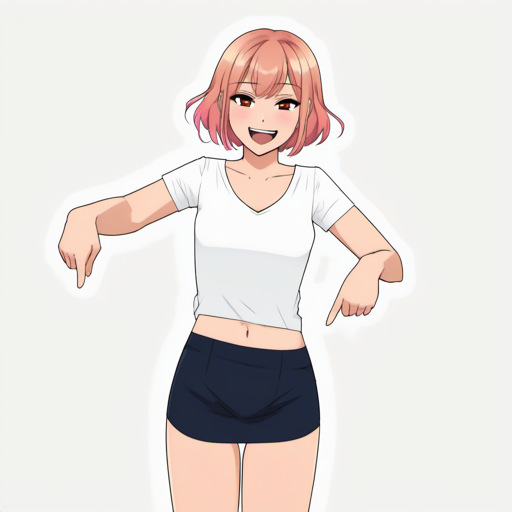 pointingdown, 1girl, pointing down, legs hidden, no background, <lora:pointingdown:1>, two hands pointing, smile, open eyes, Bright Colors, Animated, Animation, Cartoon, Anime, Anime Face, Waifu, 2D, Visual Novel, Manga, Comic, Cel-Shaded, (Medium Breasts:1.1), (Cleavage:1.1), (Mature Female:1.1)