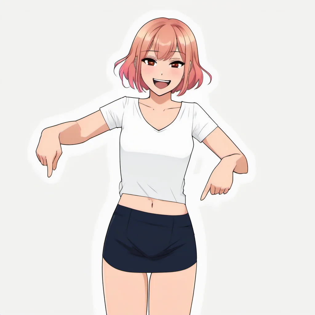 pointingdown, 1girl, pointing down, legs hidden, no background, <lora:pointingdown:1>, two hands pointing, smile, open eyes, Bright Colors, Animated, Animation, Cartoon, Anime, Anime Face, Waifu, 2D, Visual Novel, Manga, Comic, Cel-Shaded, (Medium Breasts:1.1), (Cleavage:1.1), (Mature Female:1.1)