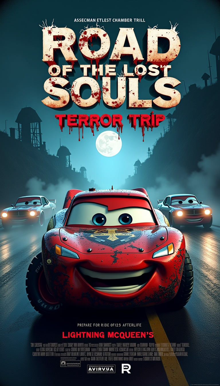 A photorealistic horror movie poster with the printed title: ["Road of the Lost Souls: Lightning McQueen's Terror Trip"
In the foreground, a terrifying and mangled version of the iconic racecar Lightning McQueen is shown, his once sleek and vibrant body now dented and covered in grime and crimson stains. His eyes emit a chilling, ghostly glow, and his grin has transformed into a menacing grin.
The backdrop is a haunted and dark highway, with looming structures, eerie fog, and a ghastly moon shining above. Sinister shadows dash across the foreground as ghostly cars can be seen in the distance.
In large, striking letters, the new title "Road of the Lost Souls" is boldly presented, accompanied by the unsettling subtitle "Lightning McQueen's Terror Trip" written underneath. The text style features ripped edges and gruesome stains reminiscent of a horror movie, making it fitting for the dread-inspired adaptation.
Underneath the main title and subtitle, a haunting tagline appears: "Prepare for the ride of your afterlife." The recognized MPAA rating of "R" shown vividly emphasizes the terrifying portrait.
Despite the renowned character and surrounding elements, the overall atmosphere of the poster evokes a powerful sense of dread, unease, and ultimate terror. A morbidly extraordinary horror take on a family-favorite, this fake movie poster represents a valid confirmation of its explicit 18+ R-rating."]