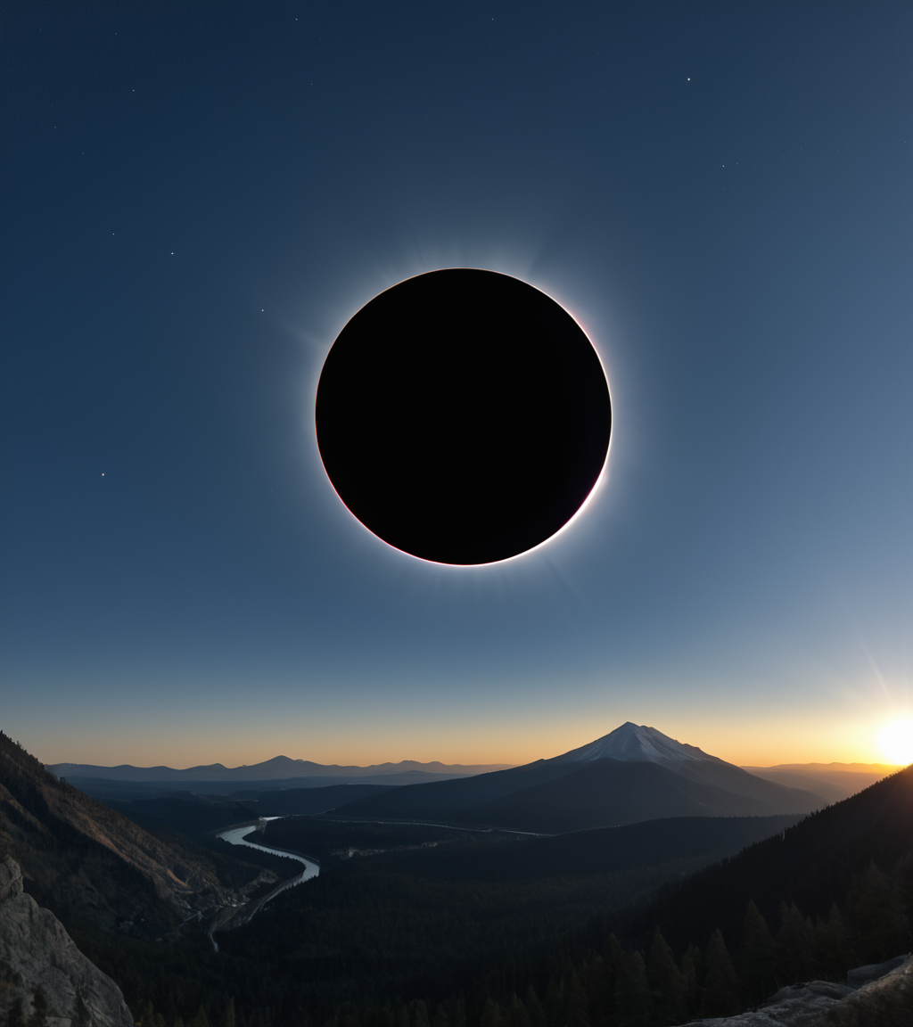 <lora:3cl1p53_02PN-000010:0.8>,(3cl1p53 style),a photograph of (3cl1p53 eclipse:1.2) (rising high in the sky above),(Yosemite mountain::1.4) and lake,at midnight,surrounded by bright solar corona,milky way in background,