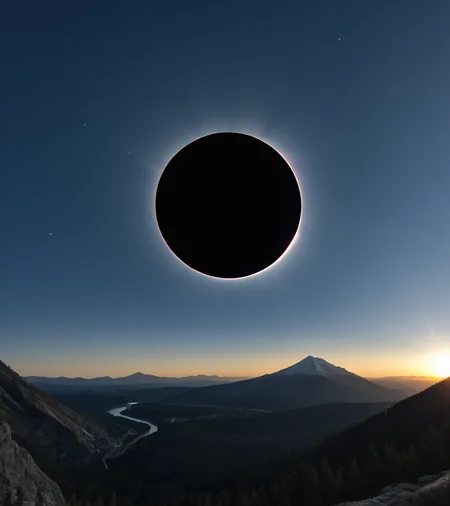 <lora:3cl1p53_02PN-000010:0.8>,(3cl1p53 style),a photograph of (3cl1p53 eclipse:1.2) (rising high in the sky above),(Yosemite mountain::1.4) and lake,at midnight,surrounded by bright solar corona,milky way in background,
