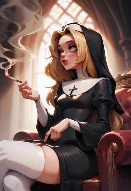 score_9, score_8_up, score_7_up, 1girl, blonde hair, long hair, wearing nun outfit, black dress, white stockings, sitting on armchair, smoking, relaxed pose, looking away, high contrast, strong visual contrast, hattiezazu, digital art, soft light,