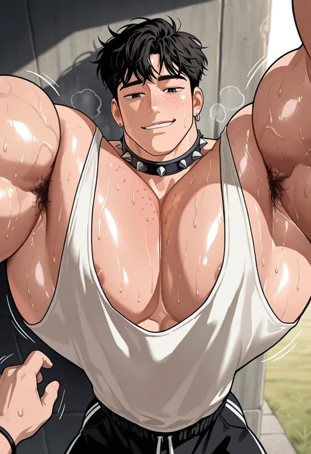 very awa, viewer pov, ultra detailed, masterpiece, best quality, absurdres, newest, perfect quality, detailed background,intricate details,cel shading,natural lighting,cinematic, detailed face, male focus, 1boy (human), bishounen, korean, lowered eyelids, smug, unbothered, freckles (face, body), short dark hair, messy hair, huge muscles, thick neck, huge traps, veiny muscles (very thick veins), small waist, sweaty (shiny skin), musky (steamy, musk clouds), silver jewelry (earrings, bracelets, spiked collar), tank top (plunging neckline), streetwear, detailed background, outdoor setting, Uneven muscle growth, muscle growth, thick motion lines, growth effects, dynamic angle, standing straight, looming, size difference, pov, pinning viewer to wall, reaching out, looking down at viewer, taller than viewer, seductive, teasing, casual, close-up, cutoff,
