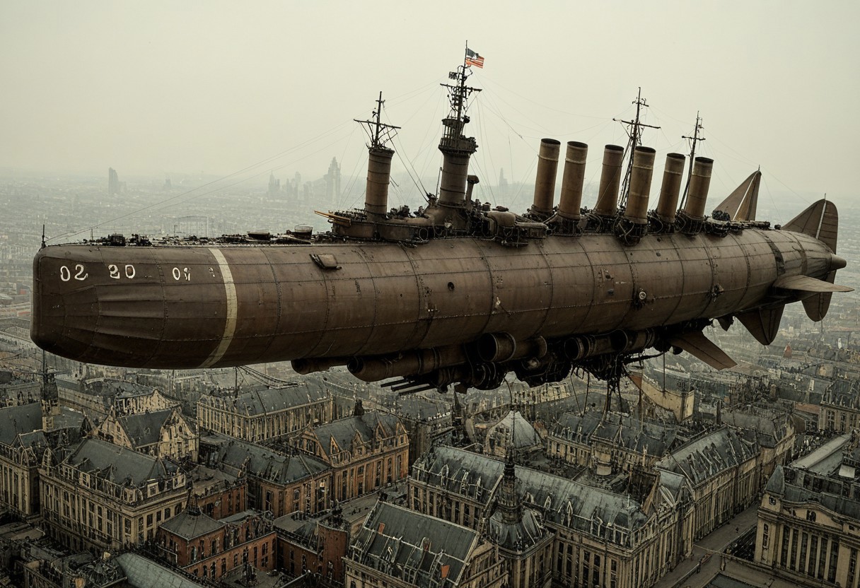masterpiece, best_quality, very_aesthetic, highres, absurdres, ultra detailed, airship,  battleship, steampunk, Victorian, 
flying over Victorian city,
 airship, vehicle focus, no humans, military vehicle, military, science fiction, aircraft flying, radio antenna, cannon, machinery,rocket launcher,
dark iron, navy gray vehicle, 
spiral, pipe ,rivets, ,wire,