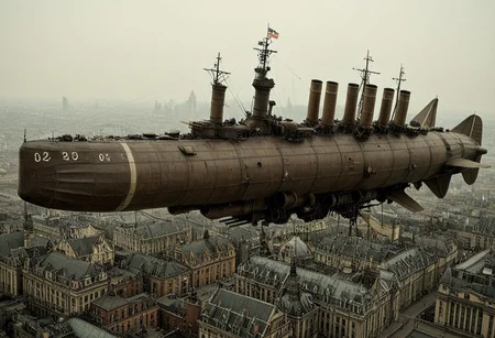 masterpiece, best_quality, very_aesthetic, highres, absurdres, ultra detailed, airship, battleship, steampunk, Victorian,
flying over Victorian city,
airship, vehicle focus, no humans, military vehicle, military, science fiction, aircraft flying, radio antenna, cannon, machinery,rocket launcher,
dark iron, navy gray vehicle,
spiral, pipe ,rivets, ,wire,